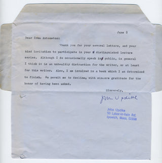 Updike, John. (1932–2009) "In general I think [public speaking] is an unhealthy distraction for the writer, or at least for this writer." - Typed Letter Signed