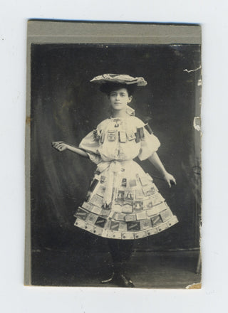 [Tobacco Girl] Vintage Photograph of a Woman in a Dress Adorned with Cigarette Boxes