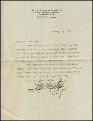 [Boston Symphony Orchestra] Koussevitzky, Serge . (1874-1951) Signed Letter to Louis Persinger