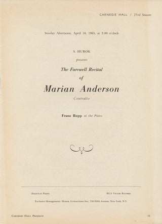 Anderson, Marian. (1897–1993) Carnegie Hall Farewell Recital Program