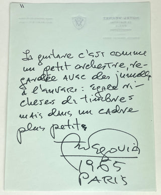 Segovia, Andrés. (1893–1987) [de Grab, Richard. (1927–2001)] "The guitar is like a small orchestra seen through backwards binoculars..." - Autograph Quotation Signed with Original Photograph
