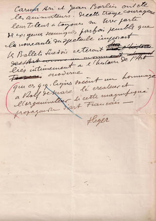 [Ballets Suedois] Leger, Fernand. (1881–1955) & de Maré, Rolf. (1888 - 1964) Les Ballets Suedois dans l'Art Contemporain - WITH AUTOGRAPH MANUSCRIPT BY LEGER