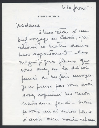 Balmain, Pierre. (1914–1982) [Madame Grès. (1903–1993)] Autograph Letter to Madame Grès