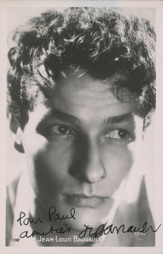 Barrault, Jean-Louis. (1910–1994) Signed Postcard Photograph of the Star of "Les Enfants du Paradis"