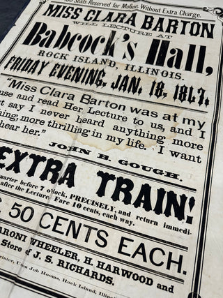Barton, Clara. (1821–1912) Lecture Broadside - Rock Island, IL (January 18, 1867)