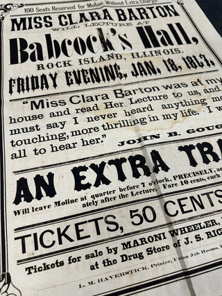 Barton, Clara. (1821–1912) Lecture Broadside - Rock Island, IL (January 18, 1867)