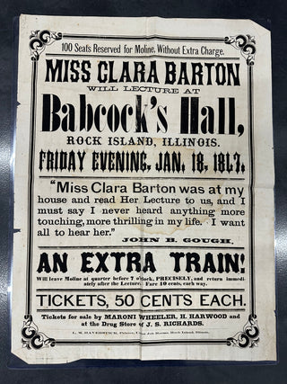 Barton, Clara. (1821–1912) Lecture Broadside - Rock Island, IL (January 18, 1867)
