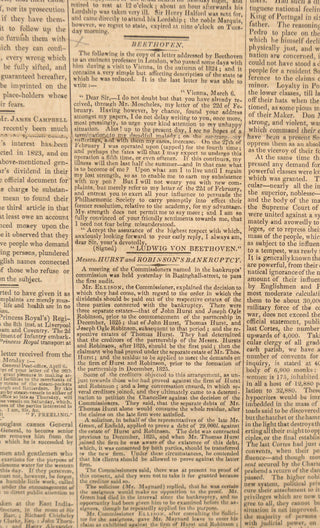 [Beethoven, Ludwig van. (1770–1827)] The Times [April 12, 1827], including a Letter to George Thomas Smart, London.