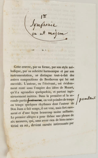 Berlioz, Hector. (1803-1869) [Beethoven, Ludwig van. (1770–1827)] BEETHOVEN'S FIRST SYMPHONY ANALYZED BY BERLIOZ - Proof with Autograph Insertions