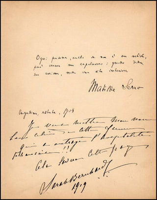 [Film &amp; Theatre] Bernhardt, Sarah. (1844-1923) &amp; Serao, Matilde. (1856 - 1927) Spirited Autograph Note