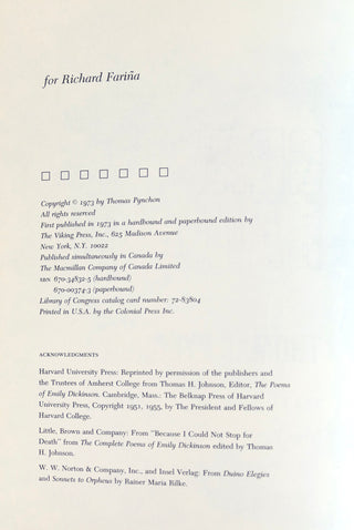 Pynchon, Thomas. (b. 1937) "Gravity's Rainbow" - Ex-Frank Bidart