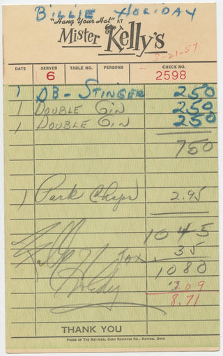 Holiday, Billie. (1915–1959) Billie Holiday orders a Pork Chop and Three Double Cocktails: Signed Mister Kelly's Receipt