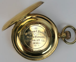 Bishop, Elizabeth. (1911 - 1979) [Bidart, Frank. (b. 1939)][Watch] Auguste Saltzman, Chaux de Fonds An 18K gold key wind full hunter pocket watch - EX-ELIZABETH BISHOP