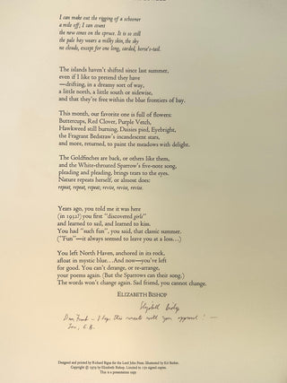 Bishop, Elizabeth. (1911 - 1979) [Bidart, Frank. (b. 1939)] North Haven [broadside] - INSCRIBED TO FRANK BIDART