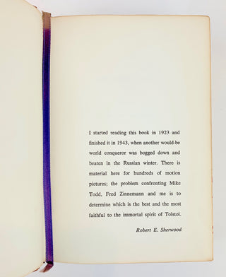 [Brando, Marlon. (1924–2004)] [Tolstoy, Leo. (1828–1910)] Sherwood, Robert E. (1896–1955) [Todd, Michael. (1909–1958) & Zinnemann, Fred. (1907–1997)] Presentation Copy of "War and Peace" given to Marlon Brando