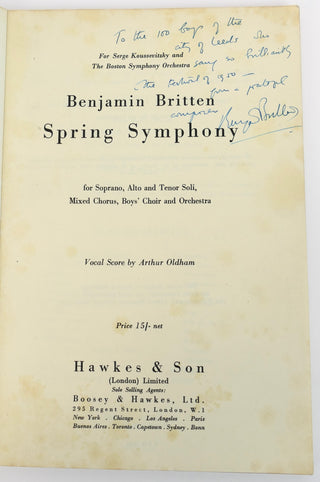 Britten, Benjamin. (1913–1976) "Spring Symphony"  - Signed Score to "The 100 Boys of the of City of Leeds"