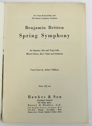 Britten, Benjamin. (1913–1976) "Spring Symphony"  - Score with Autograph Presentation Letter (" I was very sorry to not be able to come to the performance")