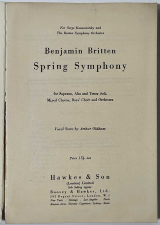 Britten, Benjamin. (1913–1976) "Spring Symphony"  - Signed Score to "The 100 Boys of the of City of Leeds"