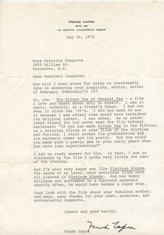 Capra, Frank. (1897–1991) Typed Letter Signed about "The Bitter Tea of General Yen" and "Platinum Blonde"