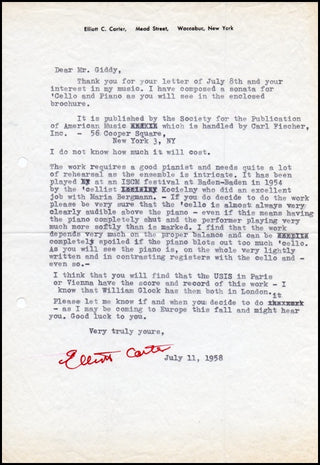 Carter, Elliot. (1908–2012) Important Signed Letter