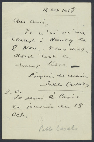 Casals, Pablo. (1876–1973) Autograph Postcard