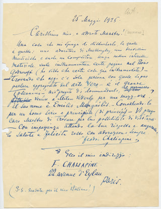 Chaliapin, Feodor. (1873–1938) [Toscanini, Arturo. (1867–1957)] Autograph Letter Signed to Arturo Toscanini