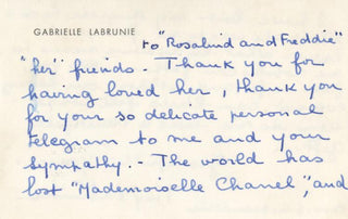 [Chanel, Coco. (1883–1971)] Autograph Postcard about Chanel's Death