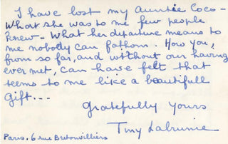 [Chanel, Coco. (1883–1971)] Autograph Postcard about Chanel's Death
