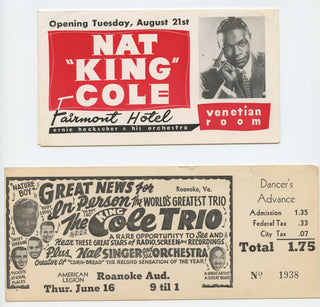 Cole, Nat King. (1919–1965) & Singer, Hal. (1919–2020) & Paige, Janis. (b. 1922) Ticket from 1949 Roanoke concert and advertisement from the Fairmount Hotel, San Francisco
