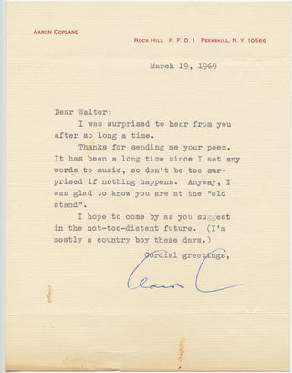 Copland, Aaron. (1900–1990) It has been a long time since I set any words to music - Typed Letter Signed, view 1