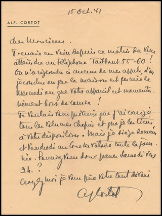 Cortot, Alfred. (1877–1962) ALS from the great French Pianist.