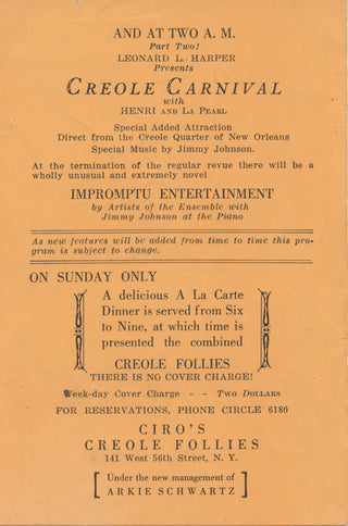[Creole Follies] Harper, Leonard. (1899–1943) & Creamer, Henry. (1879–1930) & Still, William Grant. (1895–1978) & Calloway, Blanche. (1904–1978) & Green, Eddie. (1896–1950) etc. "Creole Follies—First Edition," Program [1926]