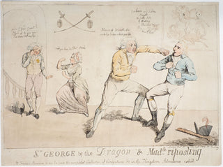Saint-Georges, Joseph Bologne, Chevalier de. (1745–1799) & Éon, Charles-Geneviève de Beaumont, Chevalier d'. (1728–1810).  [Cruikshank, Isaac. (1764–1811)] "St. George & the Dragon & Madlle. riposting."