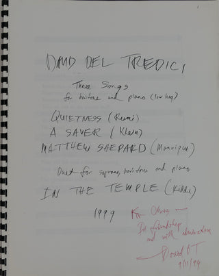 Del Tredici, David. (1937-2023) Three Songs for Baritone and Piano - INSCRIBED SCORE