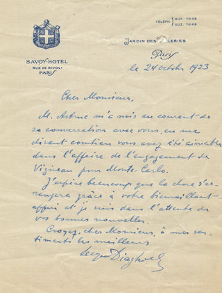 Diaghilev, Sergei. (1872-1929) Autograph Letter