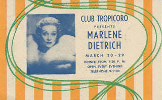 [Dietrich, Marlene (1901–1992)] Club Tropicoro Presents Marlene Dietrich - Promotional Card, ca. 1960s