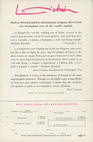 [Dietrich, Marlene (1901–1992)] Playbill and Promotional Flyer from a pair of solo performances