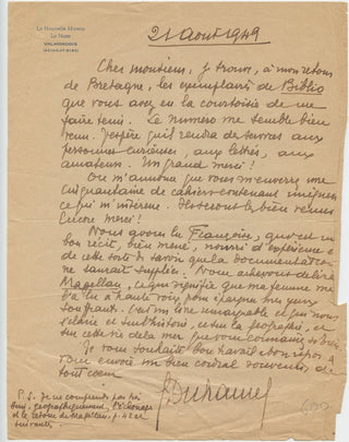 Duhamel, Georges. (1884–1966) My wife read it to me aloud to spare my ailing eyes - Autograph Letter Signed, view 1