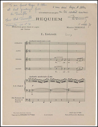 Duruflé, Maurice. (1902 - 1986) Requiem - SIGNED PRESENTATION COPY