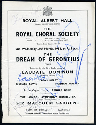 [Elgar, Edward. (1857-1934)] [Jacob, Gordon. (1895-1984)] Sargent, Malcolm. (1895-1967) & Walker, Norman. (1907-1963) & Ripley, Gladys. (1908-1955) & Lewis, Richard. (1914-1990) "The Dream of Gerontius" - Signed Program Page