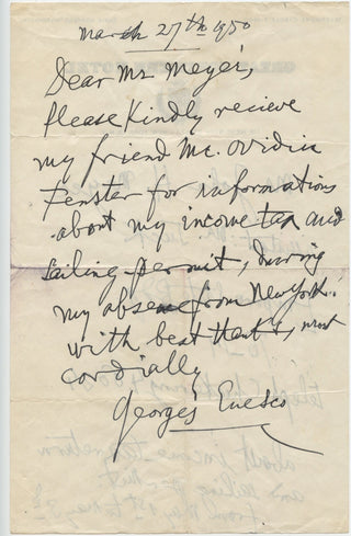 Enesco, Georges. (1881–1955) Autograph Letter Signed about his Income Tax and Sailing Permit, New York, 1950, view 1