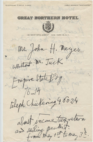 Enesco, Georges. (1881–1955) Autograph Letter Signed about his Income Tax and Sailing Permit, New York, 1950, view 2