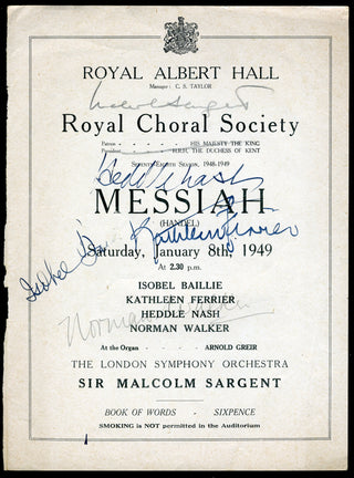 Ferrier, Kathleen. (1912–1953) & Sargent, Malcolm. (1895–1967) & Walker, Norman. (1907–1963) & Baillie, Isobel. (1895–1983) & Nash, Heddle. (1894–1961) "Messiah" at the Royal Albert Hall - Signed Program Cover