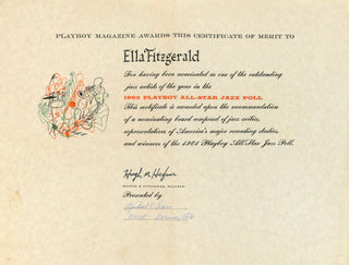 Fitzgerald, Ella. (1917–1996) 1962 PLAYBOY All-Star Jazz Poll Certificate