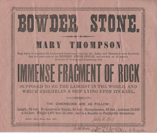 [Rock] [Bowder Stone] 1867 Flyer advertising the Bowder Stone - Immense Fragment of Rock