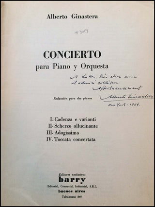 [Foss, Lukas. (1922 - 2009)] Ginastera, Alberto. (1916 - 1983) Concierto para Piano y Orquesta.  Reduccion para dos pianos. - INSCRIBED TO LUKAS FOSS