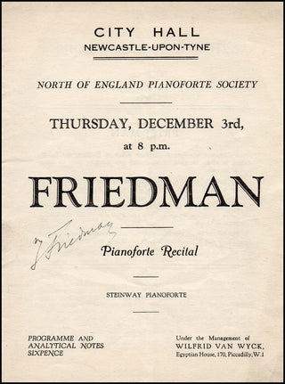 Friedman, Ignaz. (1882 - 1948) Signed Program