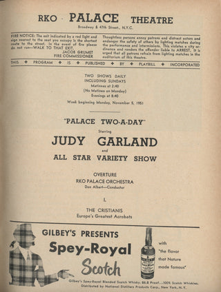 Garland, Judy. (1922–1969) Signed 1951 Palace Theatre Program