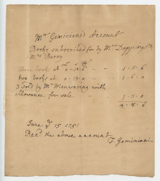 Geminiani, Francesco. (1687–1762) "Rec'd the above account" - Signed Receipt, 1751