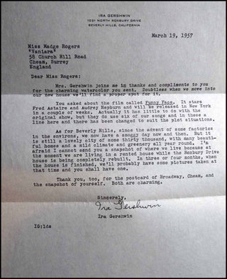 Gershwin, Ira. (1896–1983) "It has little to do with the original show" - Signed Letter about Funny Face and Beverly Hills